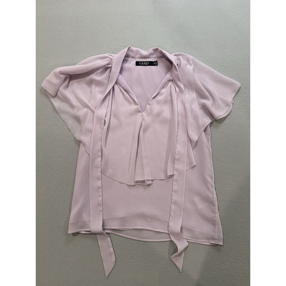 Lauren Ralph Lauren Blouse Womens XS Pink Tie Neck Short Sleeve Sheer Top